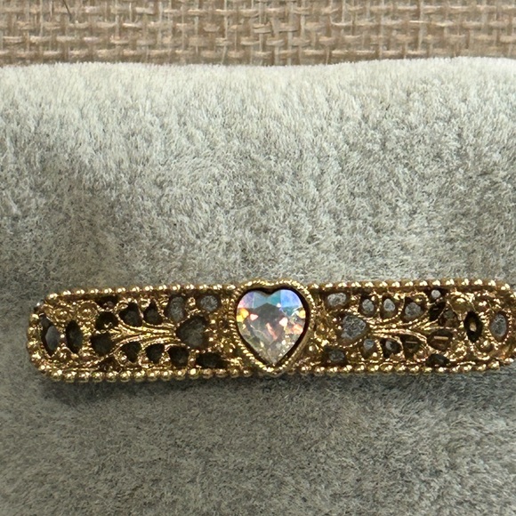 Heart of Hearts Gold Tone Brooch by Jennifer | Mercari Gold Tone Filigree Bar Brooch w/ AB Heart Rhinestone Romantic Pin